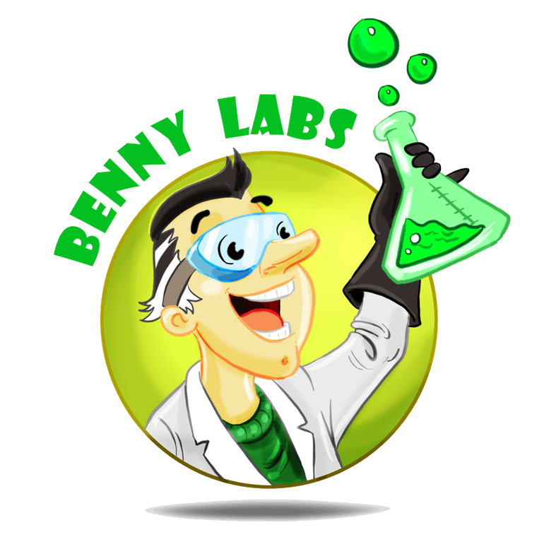 Benny Labs — mad scientist mascot holding a bubbling green flask